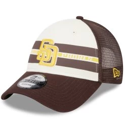 Men's San Diego Padres New Era White/Brown Team Stripe Trucker 9FORTY Snapback Hat