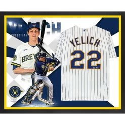 Autographed Milwaukee Brewers Christian Yelich Fanatics Authentic Framed Majestic Pinstripe Replica Jersey Collage