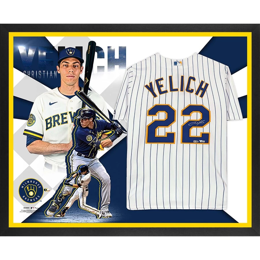 Autographed Milwaukee Brewers Christian Yelich Fanatics Authentic Framed Majestic Pinstripe Replica Jersey Collage