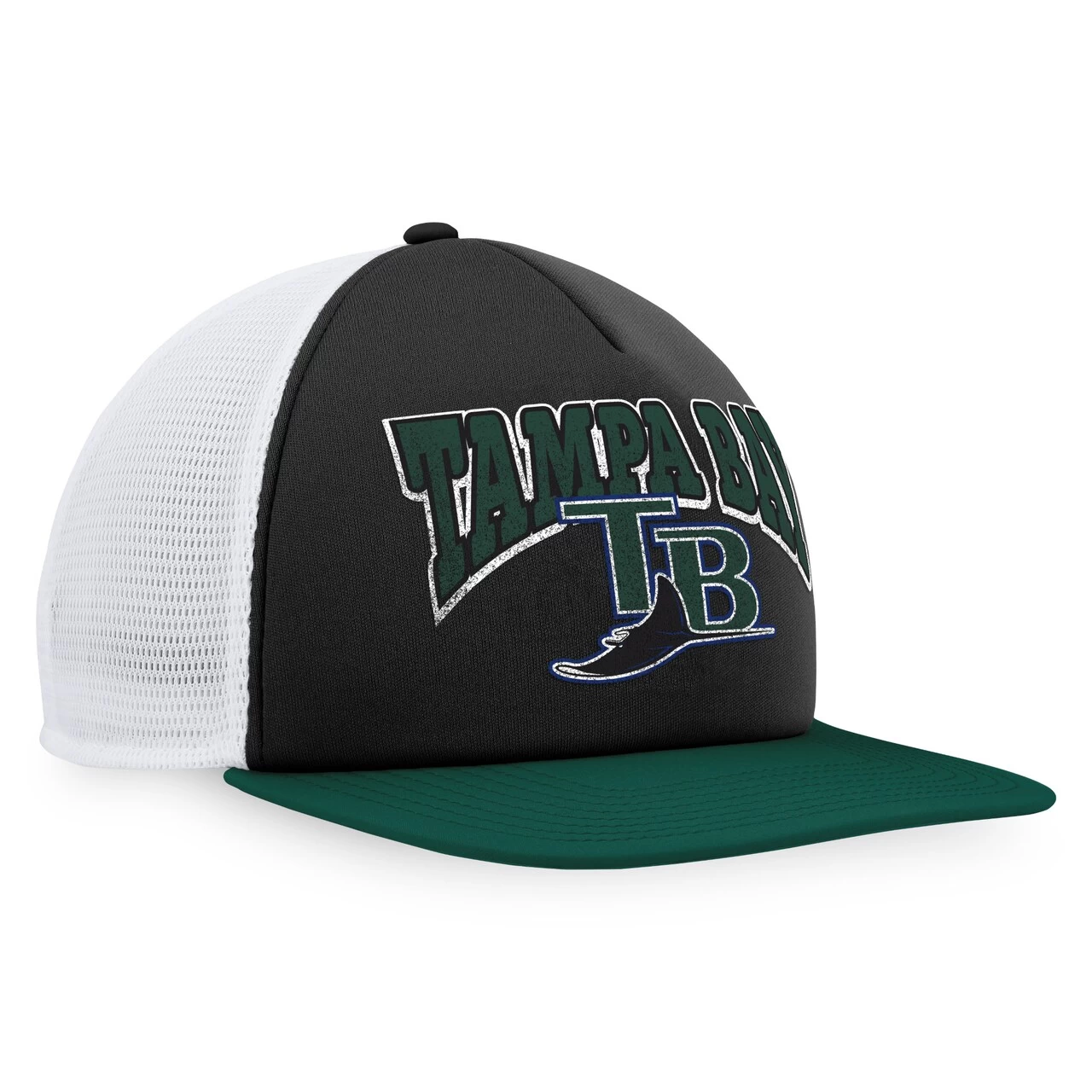 Men's Tampa Bay Rays Fanatics Branded Black/Green Heritage Foam Front Trucker Snapback Hat - Image 3