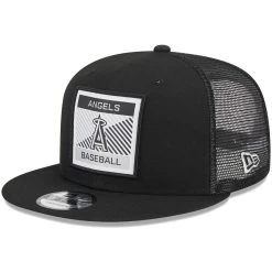 Men's Los Angeles Angels New Era Black Scratch Squared Trucker 9FIFTY Snapback Hat