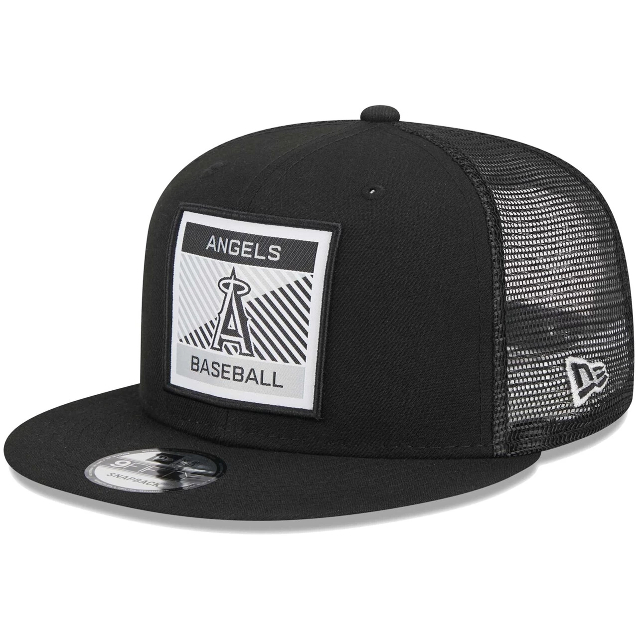 Men's Los Angeles Angels New Era Black Scratch Squared Trucker 9FIFTY Snapback Hat
