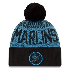 Men's Miami Marlins New Era Black Authentic Collection Sport Cuffed Knit Hat With Pom