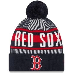 Men's Boston Red Sox New Era Navy Striped Cuffed Knit Hat With Pom