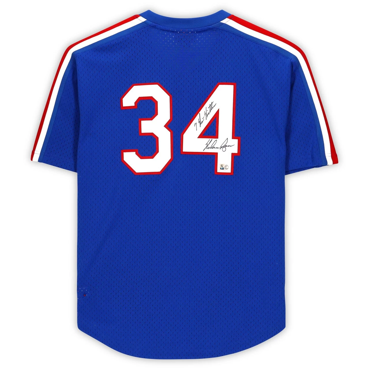 Autographed Texas Rangers Nolan Ryan Fanatics Authentic Royal Mitchell & Ness Authentic Jersey With "7 No Hitters" Inscription - Image 2