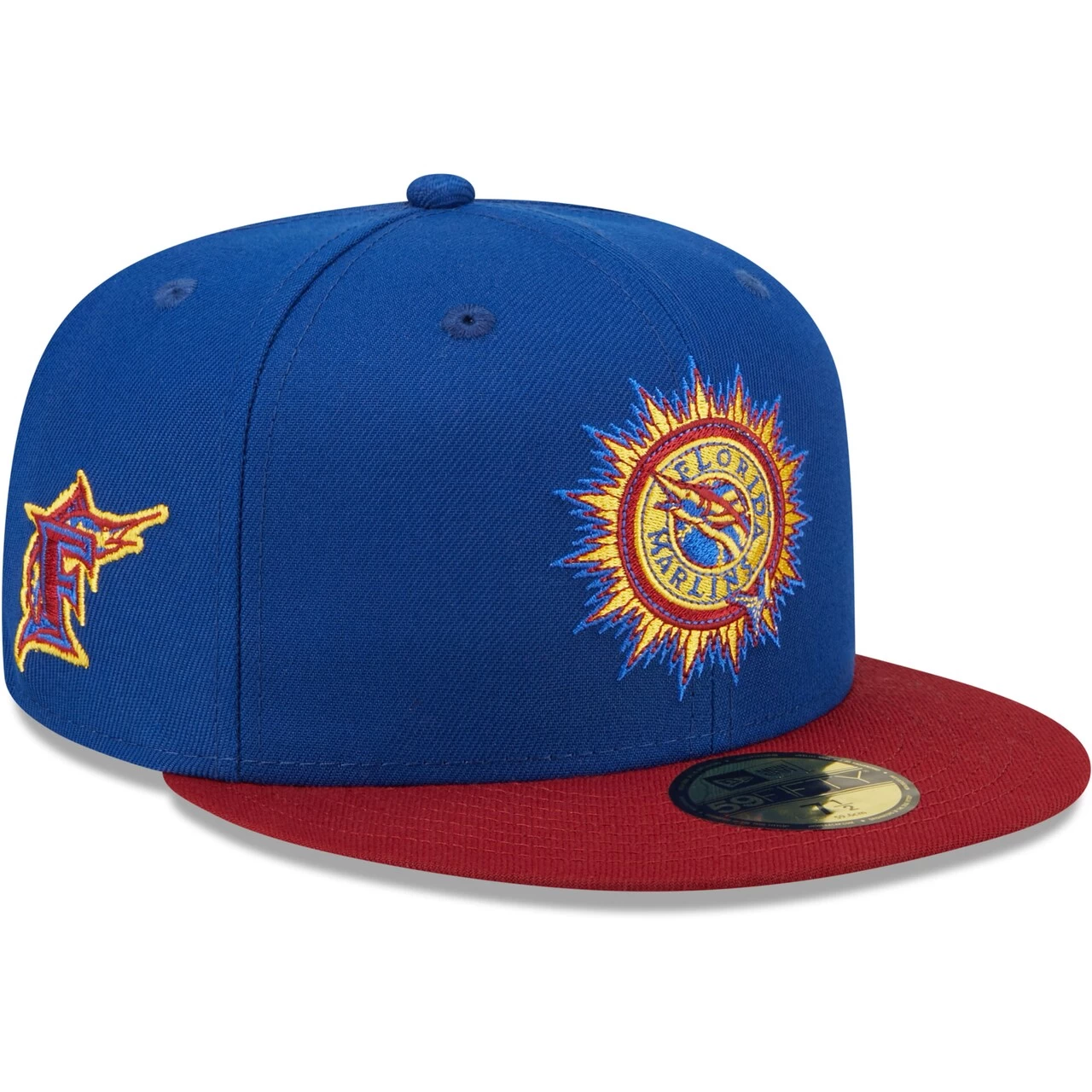 Men's Florida Marlins New Era Royal/Red Alternate Throwback Logo Primary Jewel Gold Undervisor 59FIFTY Fitted Hat