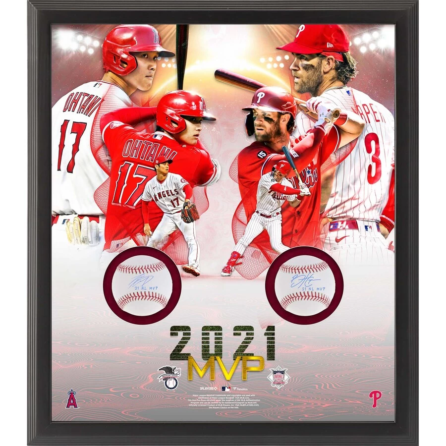 Multi-Signed Shohei Ohtani & Bryce Harper Fanatics Authentic Framed 2021 MVP Two Baseball Shadowbox Collage With "21 AL MVP" And "21 NL MVP" Inscriptions