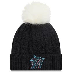 Women's Miami Marlins New Era Black Flurry Cuffed Knit Hat With Pom