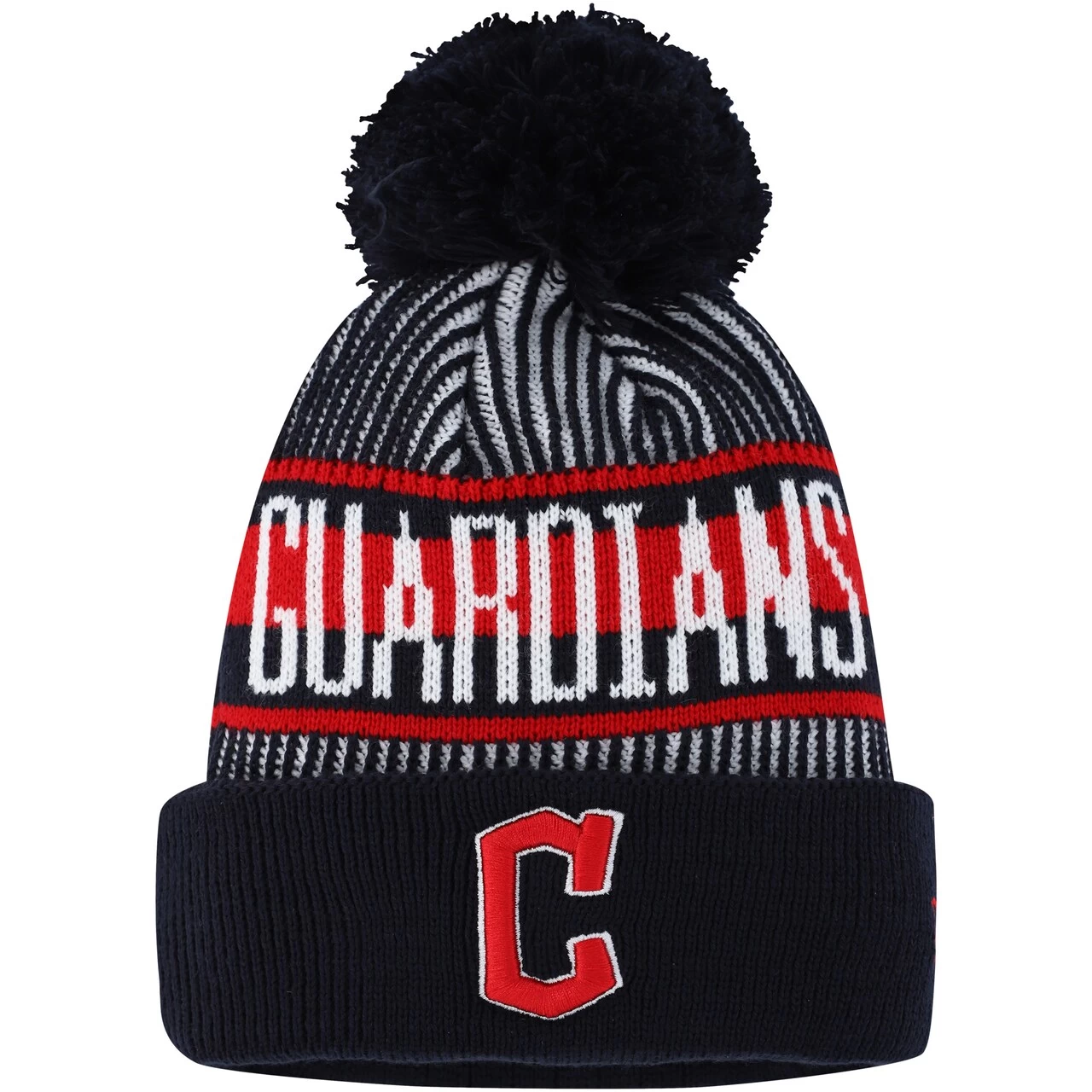 Youth Cleveland Guardians New Era Navy Striped Cuffed Knit Hat With Pom