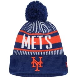Youth New York Mets New Era Royal Striped Cuffed Knit Hat With Pom